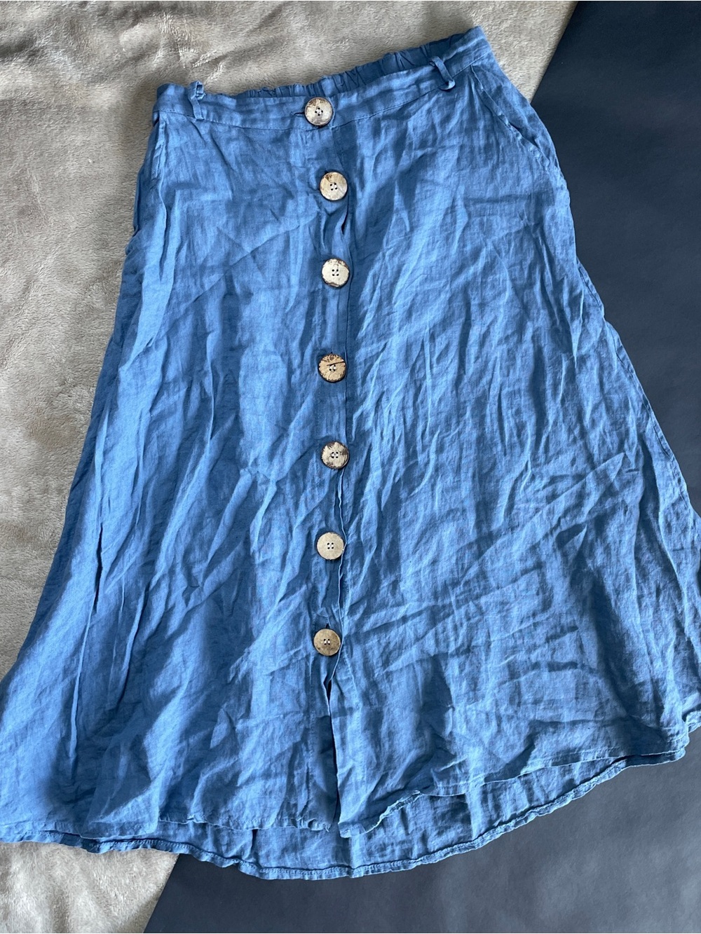 Light Blue Button-Front Linen Midi Skirt with pockets
